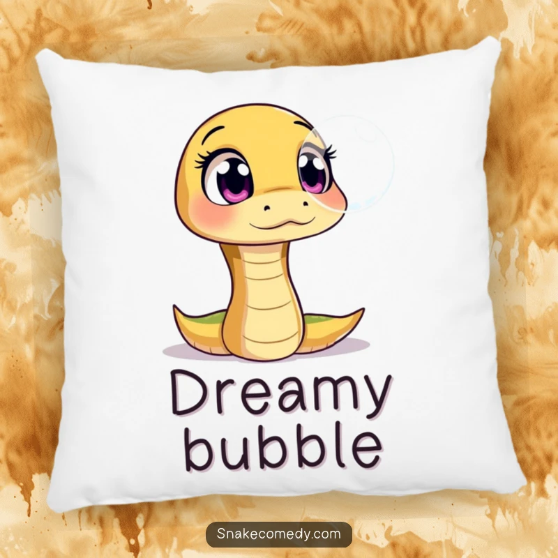 Funny pillow showcasing a snake character with wide, amazed eyes gazing at a floating, shimmering bubble, perfect for cozy wonder.