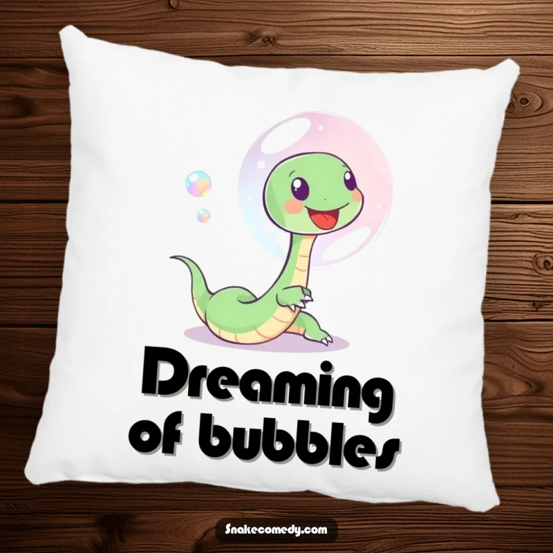 Funny pillow featuring a small, happy snake playfully chasing an iridescent soap bubble, providing comfort and a whimsical accent.