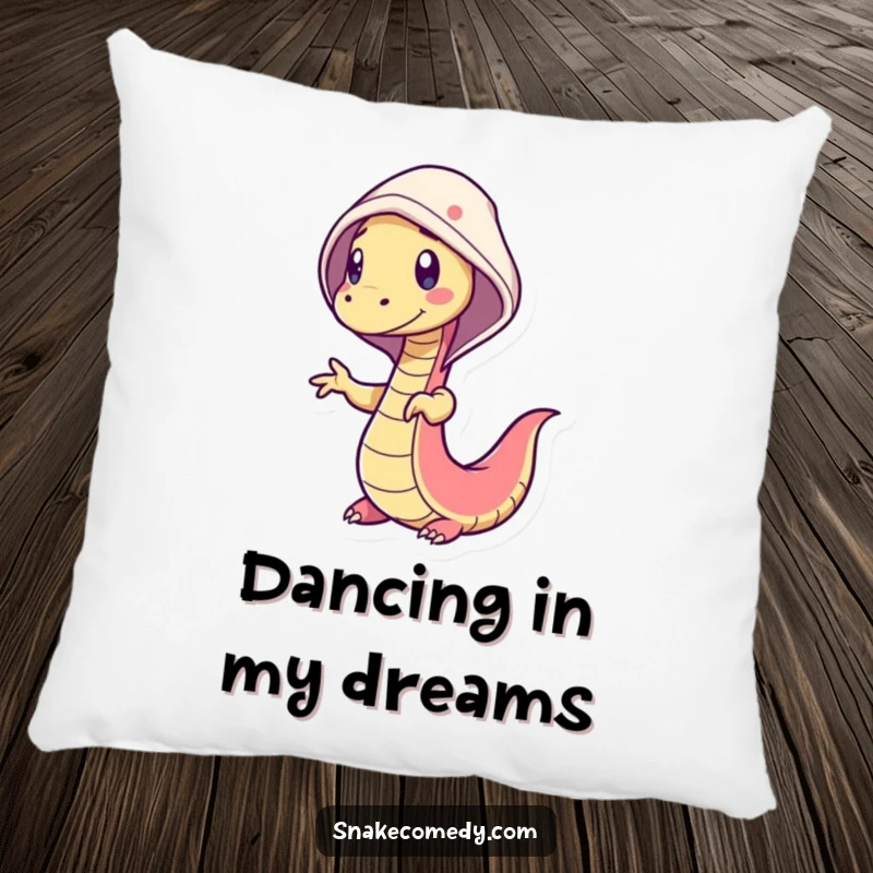 Funny snake pillow showing a wiggly snake character doing a silly dance, its cheerful hood adding to the cozy, humorous appeal.