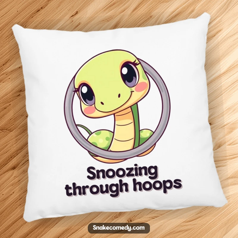 Funny kawaii snake hoop pillow, featuring a curious snake squeezing through a hoop, offering a soft and playful decorative accent.