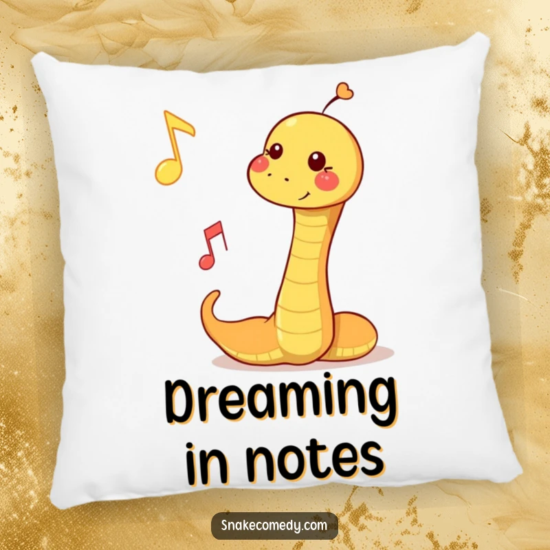 Funny pillow featuring a snake playfully bopping a floating musical note, designed for comfort and musical amusement.
