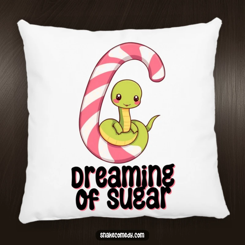 Funny pillow showcasing a happy snake character unwinding from a large, striped candy cane, perfect for adding cozy humor to any room.