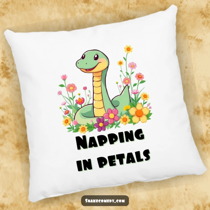Funny Snake Flower Pillow: A plush pillow with a happy snake slithering through a field of colorful flowers.
