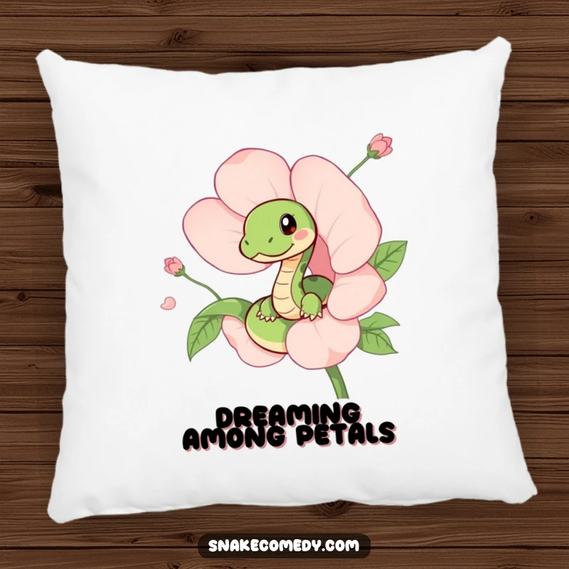 Funny pillow featuring a sweet, curious snake peeking out from a blooming flower, offering comfort and a touch of playful whimsy.