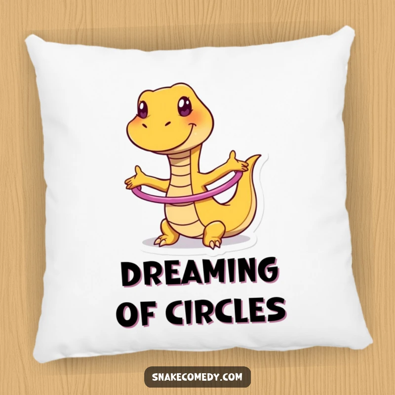 Funny pillow featuring a grinning snake mid-hula hoop dance, offering a comical and cozy decorative accent.