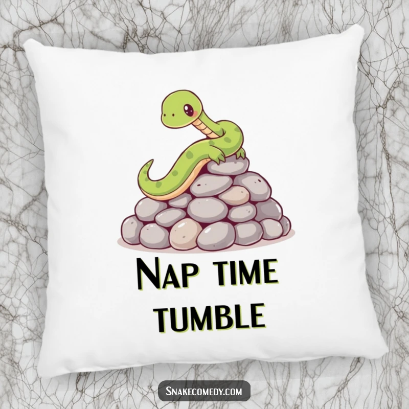 Funny pillowcase showcasing a cartoon snake comically slipping and falling on a pile of smooth, round stones, looking quite surprised.
