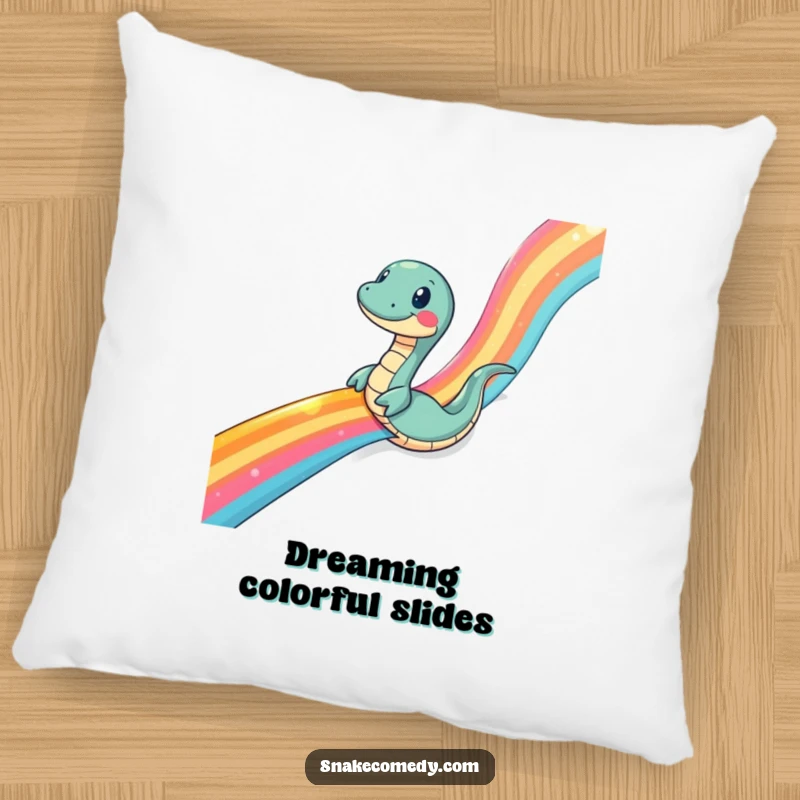 Funny snake pillow, soft and cozy, featuring a snake comically sliding down a rainbow ribbon, perfect for adding comfort.