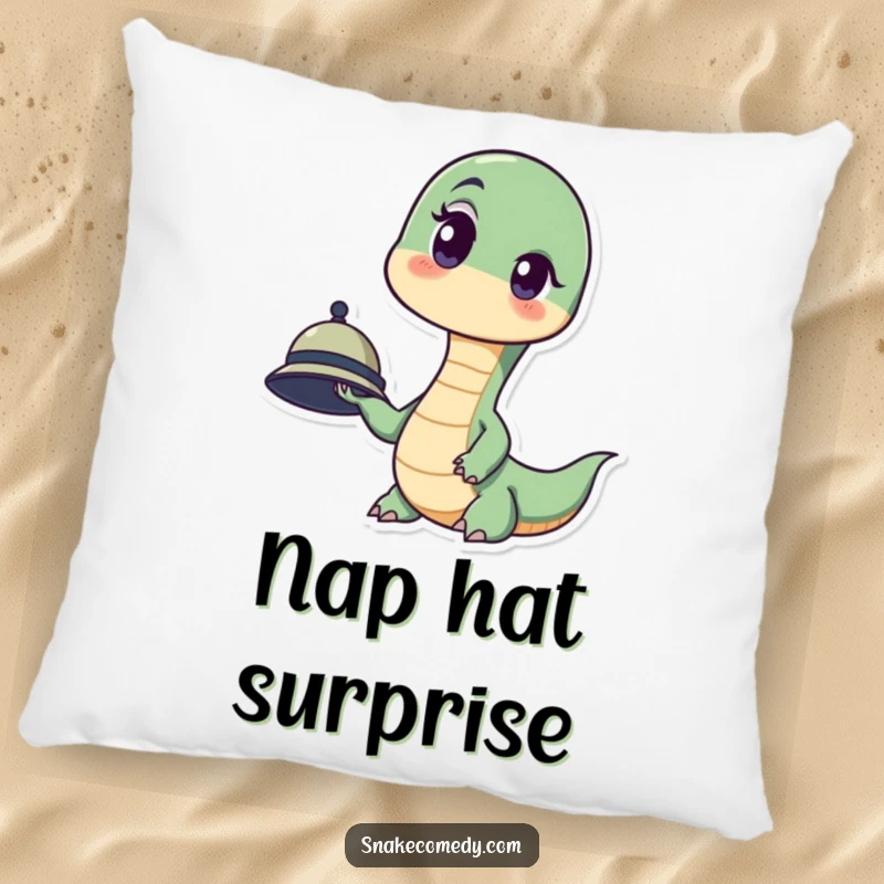 Funny pillow featuring a snake with a surprised expression, one eyebrow raised, clutching a diminutive hat.