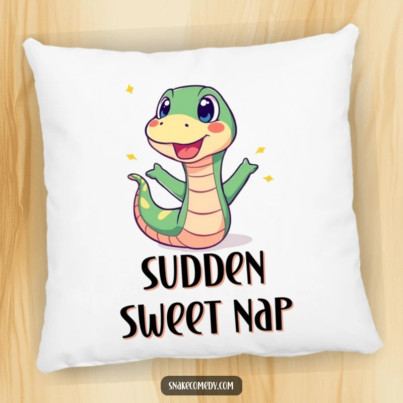 Funny pillow featuring a surprised snake recoiling from a popping sweet, providing comfort with a humorous design.