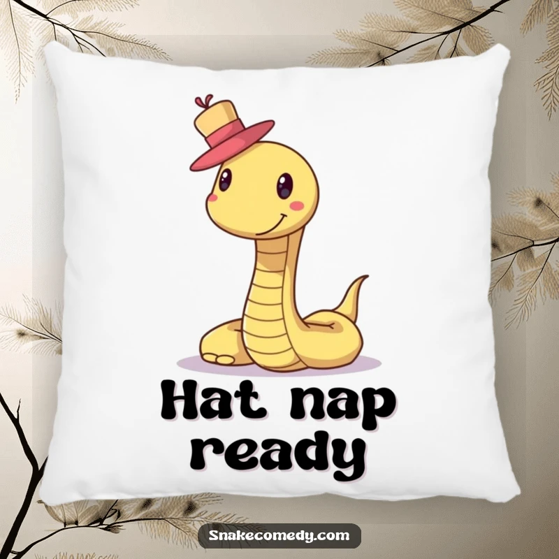 Funny Snake Hat Pillow: A smiling snake is depicted looking quite pleased while balancing a small, stylish hat on its head.