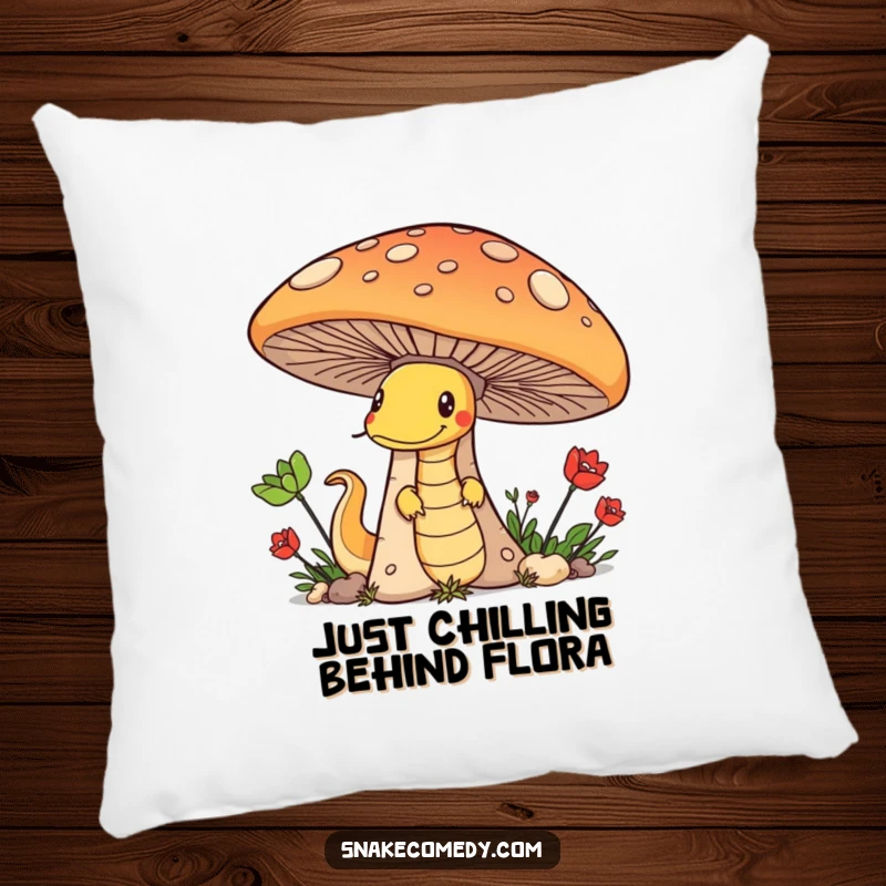 Funny pillow with a charmingly mischievous snake peeking from behind a large mushroom, designed for comfort and smiles.