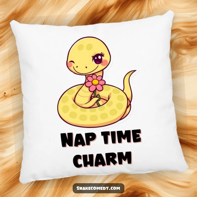 Funny coiled snake winks while offering a flower, depicted on a soft pillow for a humorous and comforting accent.