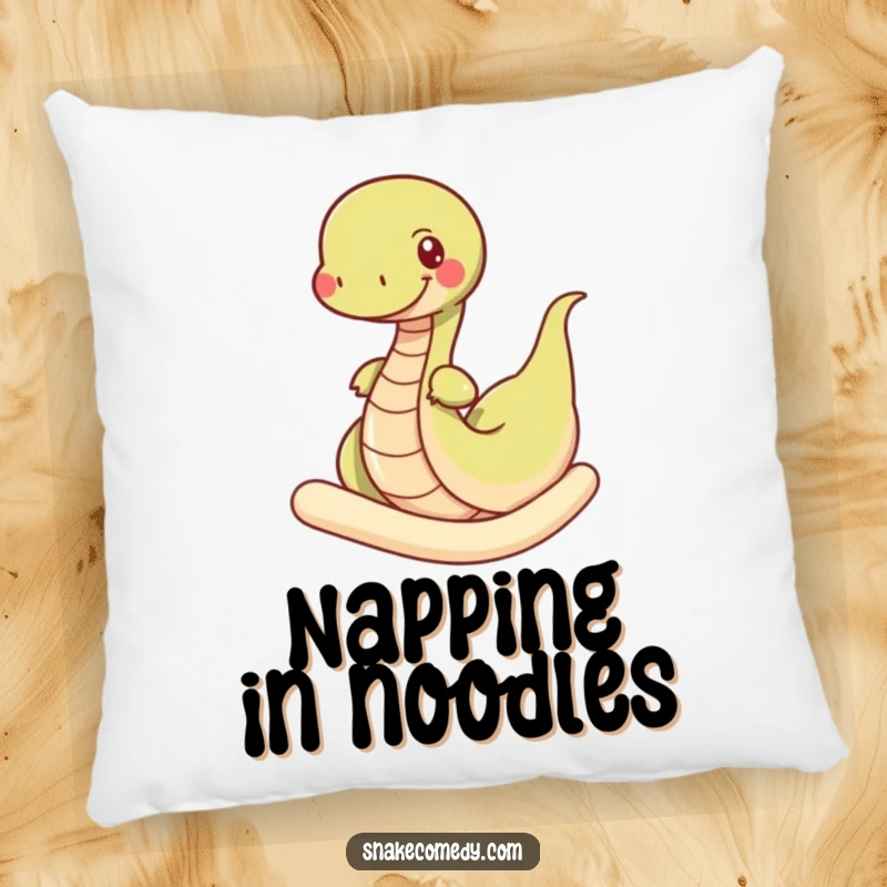 Funny snake pillow, soft and cozy, featuring a happy snake wiggling through a giant noodle, perfect for adding comfort.