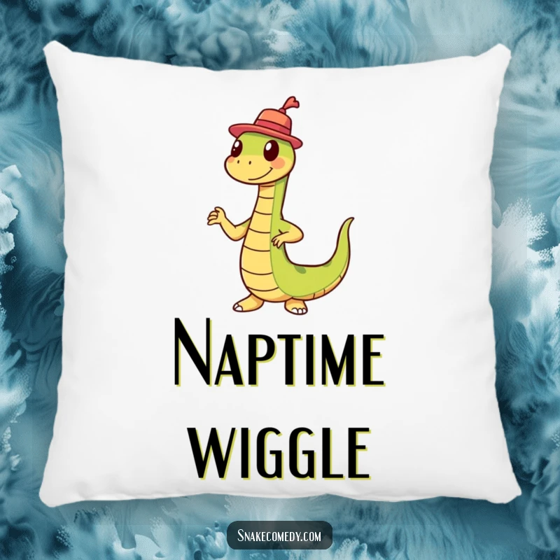 Plush pillow featuring a funny snake with a tiny hat performing a silly wiggle dance, ideal for comfort and laughs.