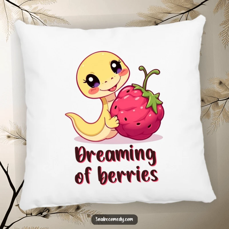 Funny Playful Snake Pillow design: serpent chasing a berry with bright eyes, embodying fun and joy.