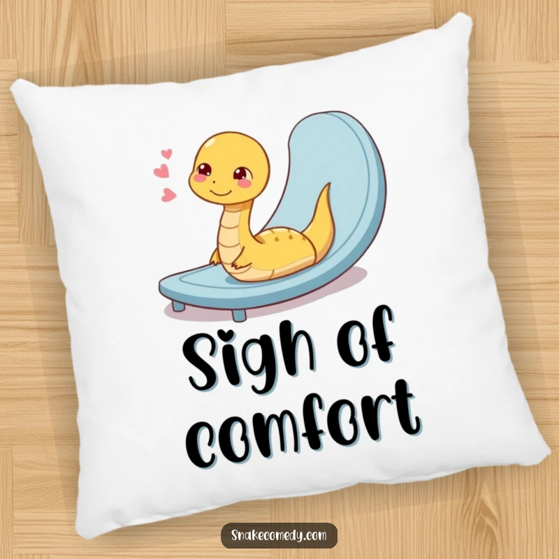 Funny pillow showcasing a coiled snake character sighing contentedly after a smooth slide down a ramp, perfect for cozy relaxation.