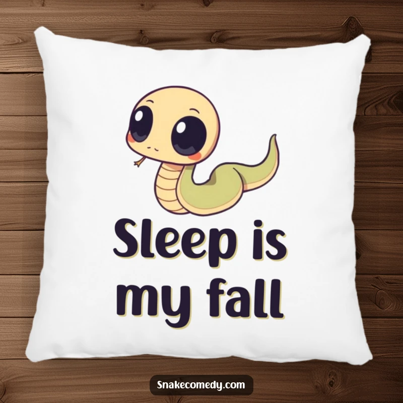 Funny snake character with large, round eyes, humorously tripping over its tail, on a soft and funny pillow.