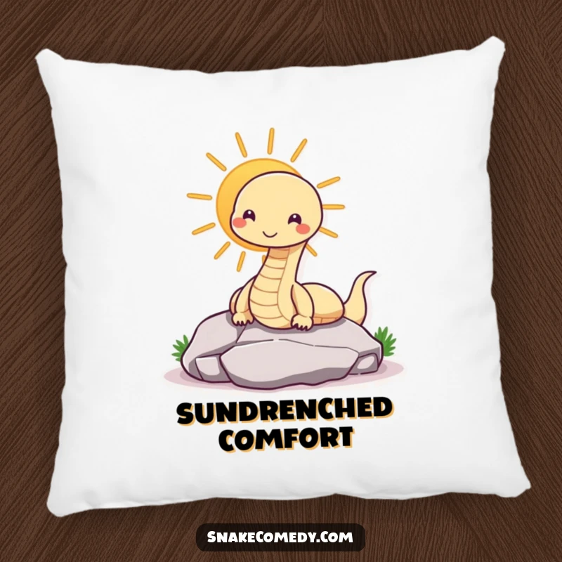 Funny snake pillow with a contented snake sunning on a rock, a humorous and comfortable decorative accent.
