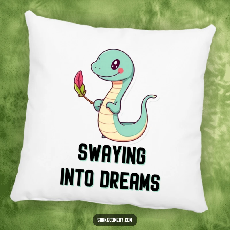 Funny slithering pillow, happy character swaying while balancing a colorful feather, soft and humorous, a perfect funny gift.