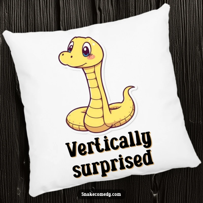 Funny pillow featuring a snake stretching upwards with wide, surprised eyes and an open mouth, designed for comfort and amusement.