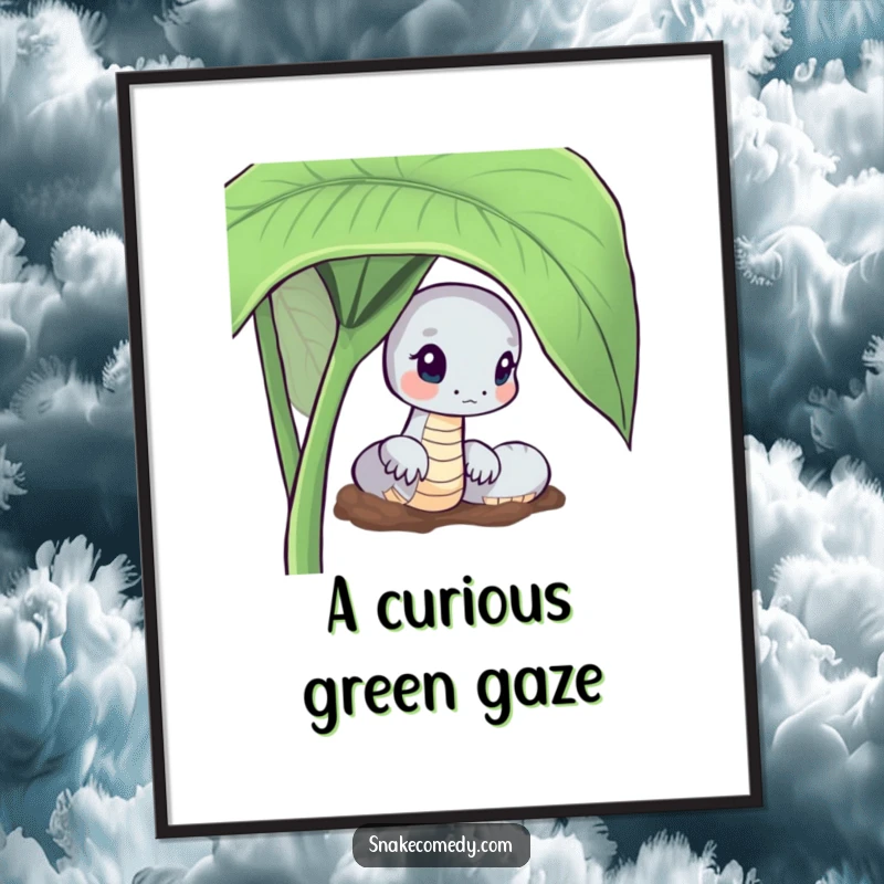 Funny Curious Snake Digital Art Print: serpent peeking from a leaf, evoking curiosity and nature's charm.