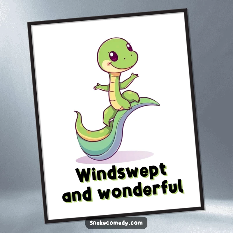 Funny digital art print of a giddy snake character balancing on a whimsical, winding slide, capturing pure playful energy.