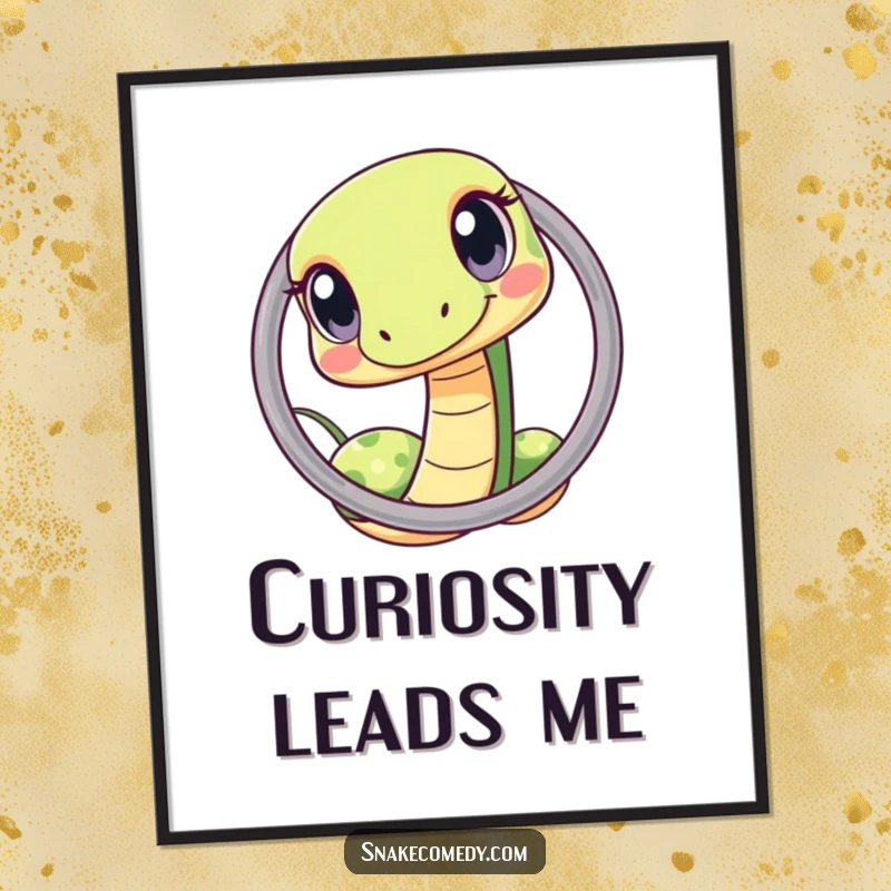 Funny kawaii snake hoop digital art print, depicting a curious snake squeezing through a hoop, ready for instant display.