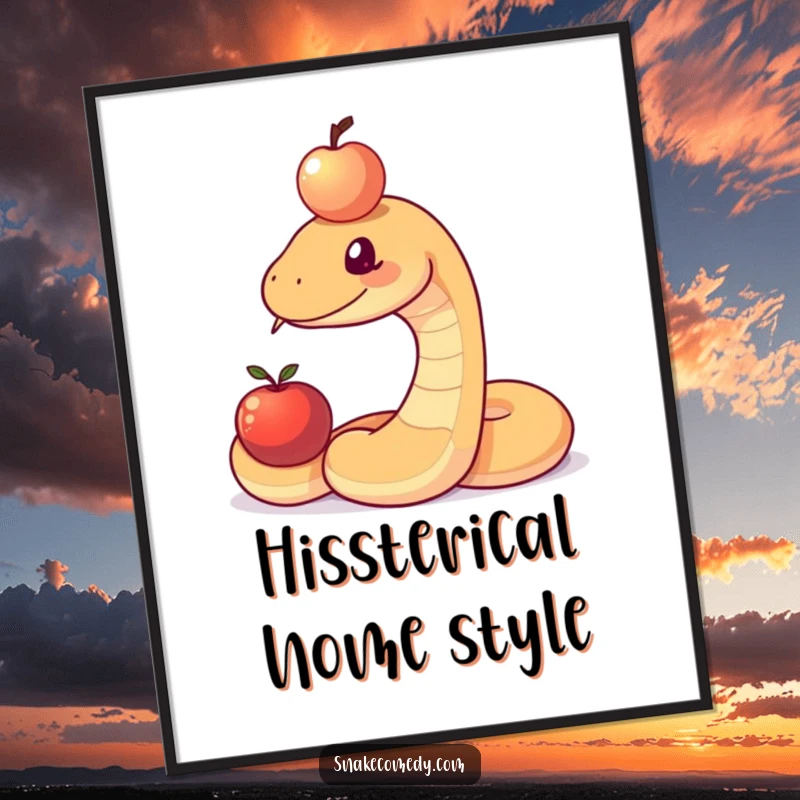 Funny digital art print of a snake focused on balancing a shiny apple on its forehead, offering instant humorous wall decor.