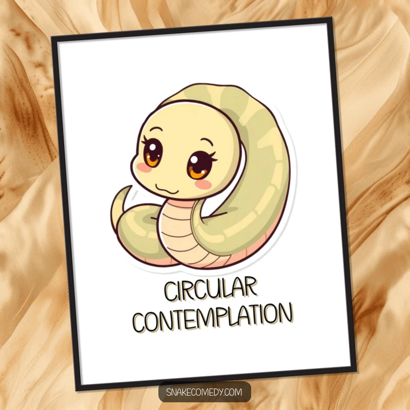 Funny snake digital art print, curious snake with circular eyes peeking from a coil, whimsical wall art, a funny gift.