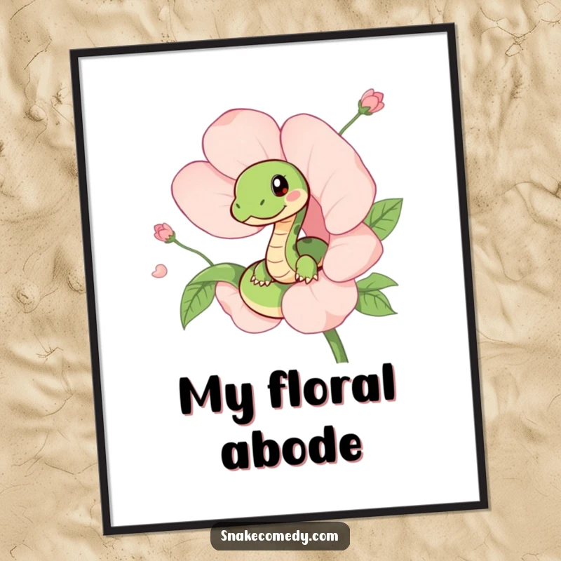 Funny digital art print of a cute snake playfully peeking from a blooming flower, offering a charming and whimsical visual.