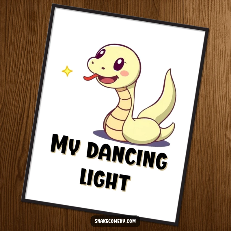 Funny digital art print of an excited snake character, tongue flicking, joyfully chasing a dancing speck of light.