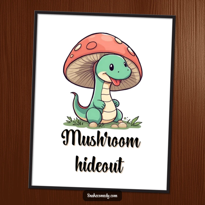Funny Snake Mushroom Digital Art Print: A sneaky snake humorously peeks from behind a large mushroom, exuding playful mystery.