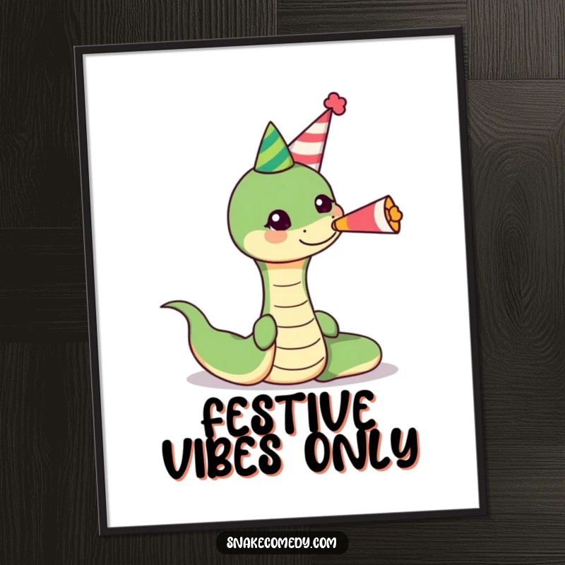 Funny snake wearing a party hat, blowing a cheerful party horn on a digital art print, perfect for instant decoration and joyful vibes.