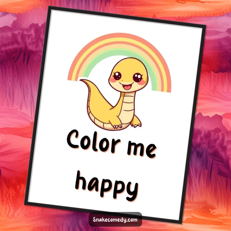 Funny snake digital art print of a happy snake character slithering playfully down a rainbow with a wide, joyful grin.