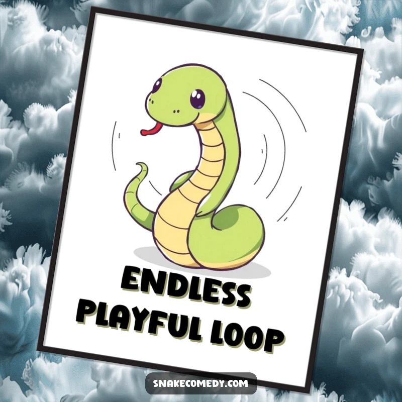 Funny snake digital art print of a snake playfully spinning in a dizzy chase after its tail, bringing instant humor.