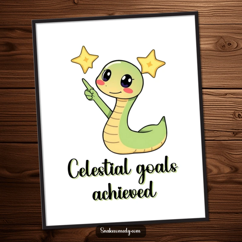 Funny snake excitedly pointing its head towards a twinkling star on a digital art print, perfect for instant inspiring decoration.