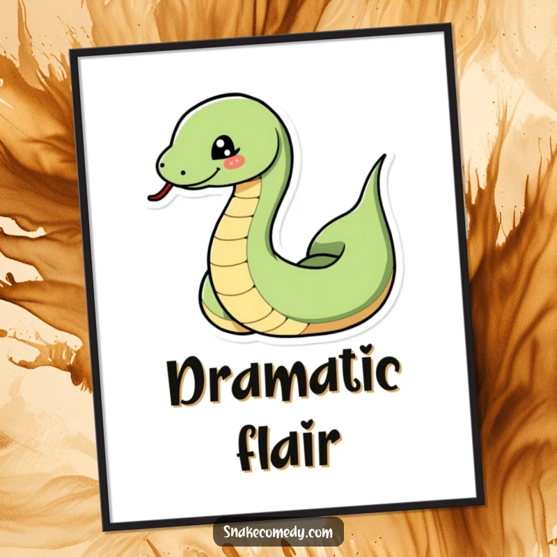 Funny snake digital art print of a snake dramatically coiling and uncoiling with a playful wink, bringing instant dramatic humor.