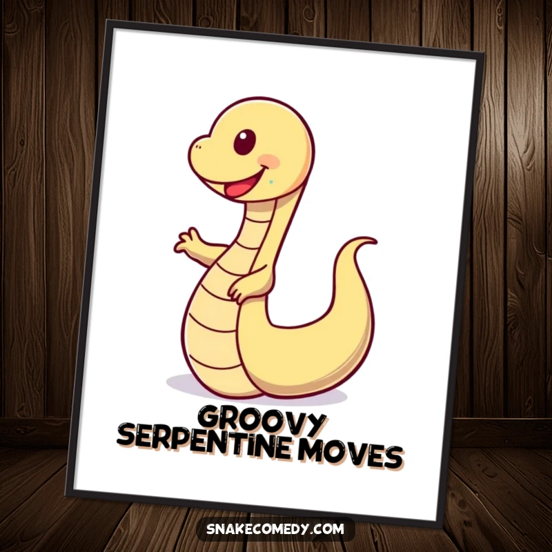 Funny digital art print of a happy snake performing a comical wobbly dance, conveying pure joy and a playful spirit.
