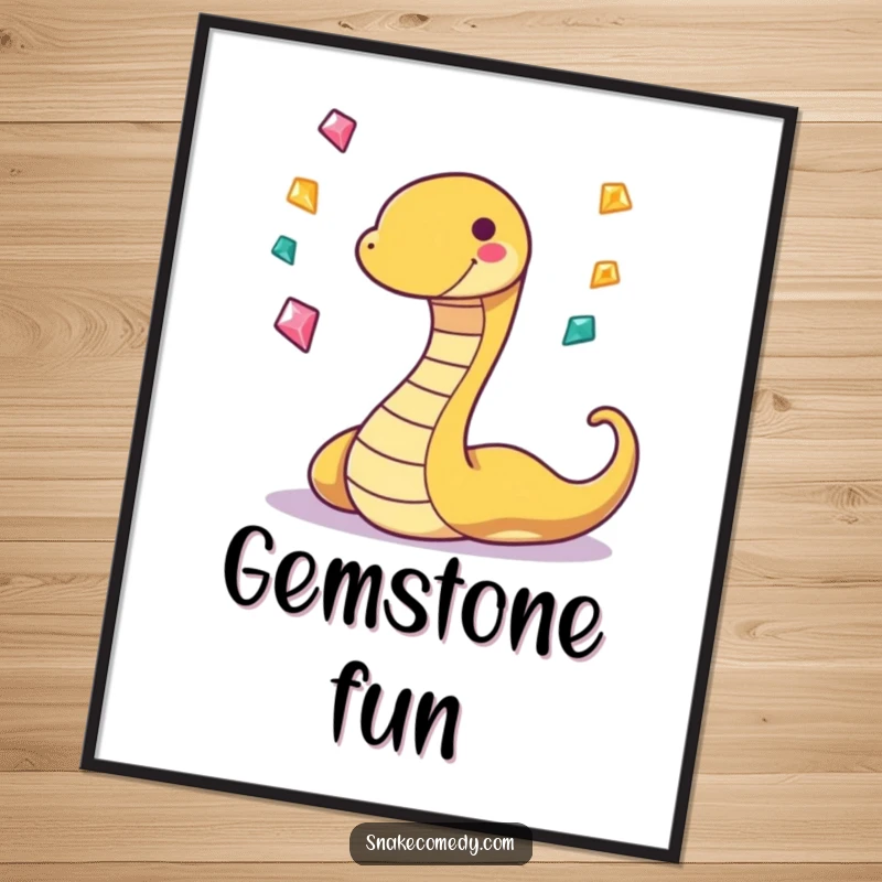 Funny digital art print of a playful, grinning snake character juggling three sparkling gems, offering instant whimsical decor.