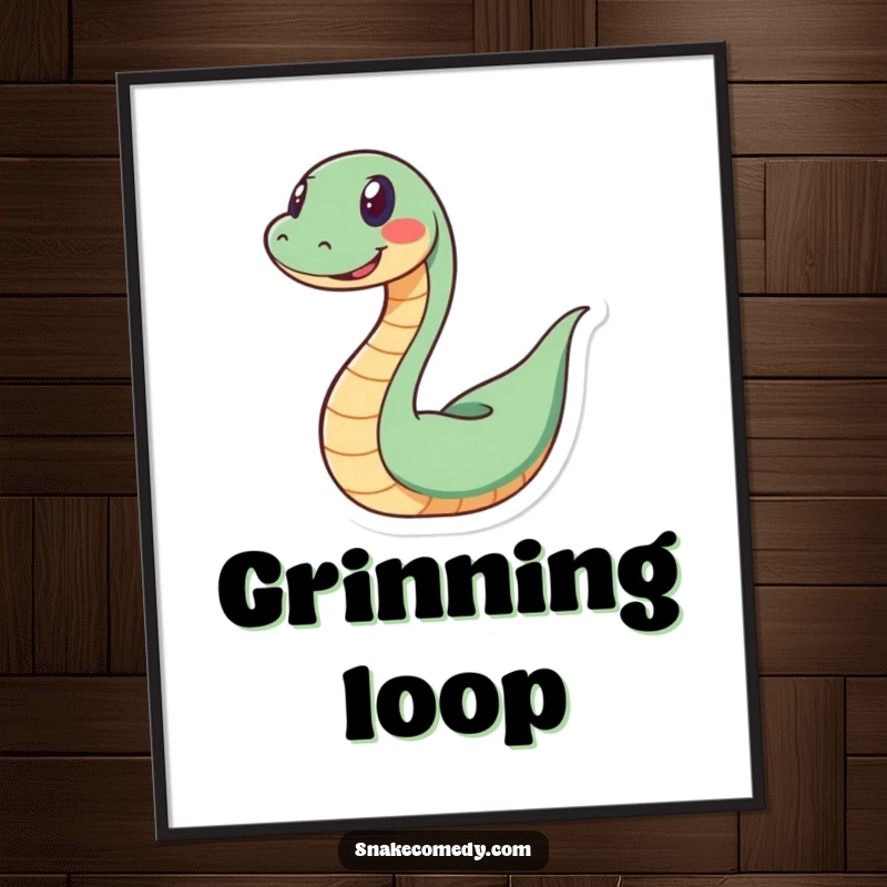 Funny snake digital art print showing a happy serpent playfully coiling into a spiral with a wide grin, perfect for instant decor.