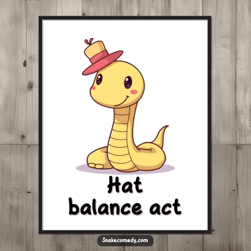Funny Snake Hat Digital Art Print: A smiling snake artistically balances a tiny hat, exuding playful sophistication and humor.