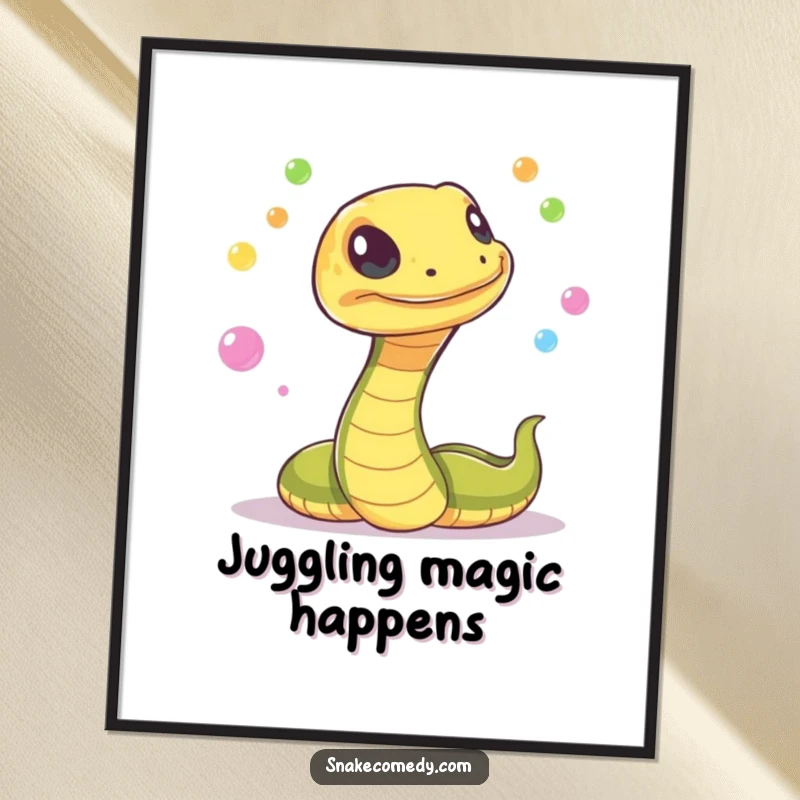 Funny snake with a mischievous flicker, juggling colorful, glowing orbs on a digital art print, perfect for instant magical decoration.