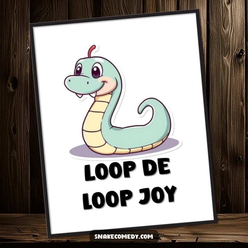Funny serpentine digital art print, playful snake with a wide toothy grin wiggling in a loop, whimsical wall art, a funny gift.