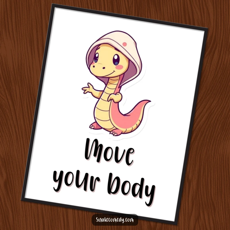 Funny snake digital art print of a wiggly snake character doing a silly dance with a cheerful hood, full of vibrant, humorous energy.