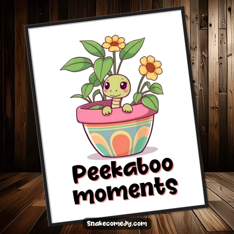 Funny snake digital art print of a curious snake peeking out from a colorful flower pot, bringing instant whimsical charm.