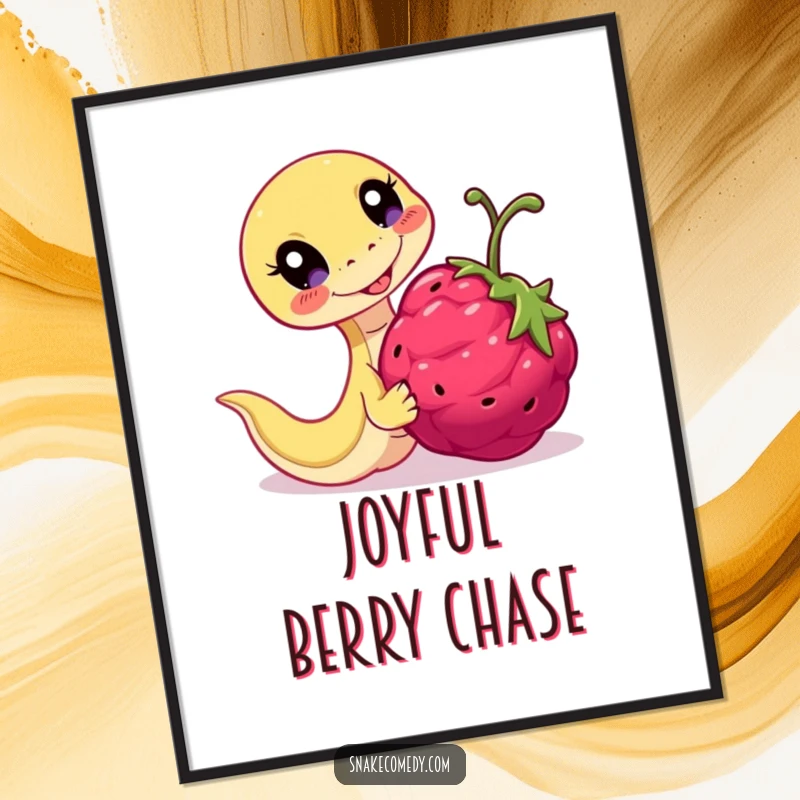 Funny Playful Snake Digital Art Print: serpent chasing a berry, embodying energetic fun and joy.