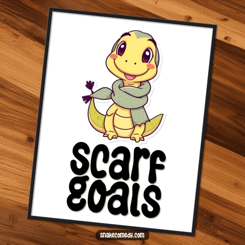 Funny digital art print of a delighted snake character in a comically large scarf, giving a cheeky wink.