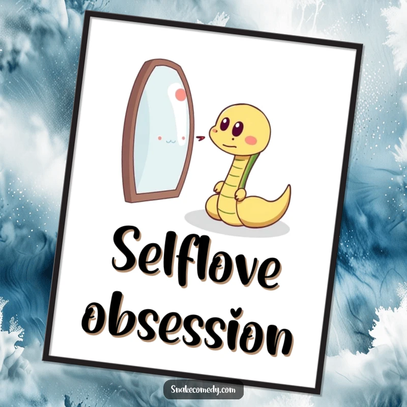 Funny snake chasing its reflection, delighted sigh, cartoon digital art, perfect humorous printable gift.