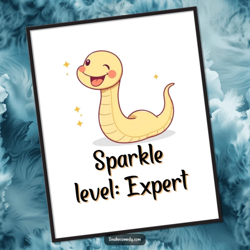 Funny sparkle snake digital art print, a happy snake slithering with a magical trail of glitter, vibrant and humorous wall art.