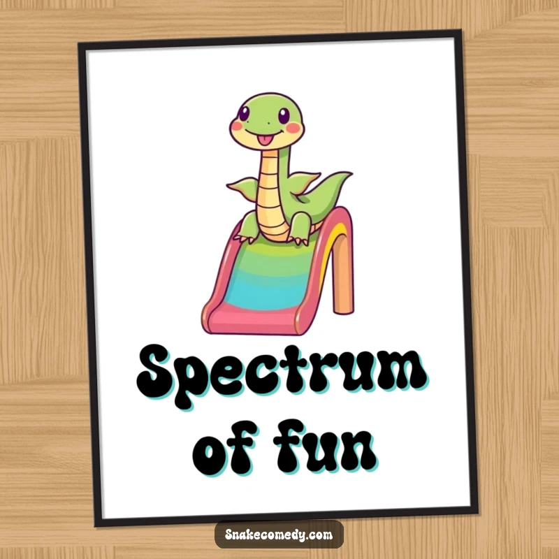 Funny snake sliding down a rainbow, happy cartoon, vibrant digital art, perfect humorous printable gift.